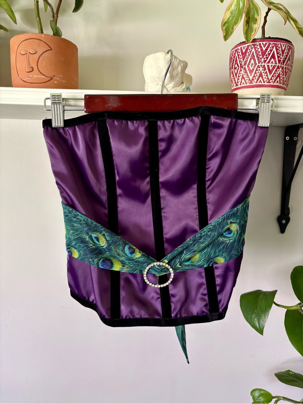Purple Satin Peacock-Accent Corset Top